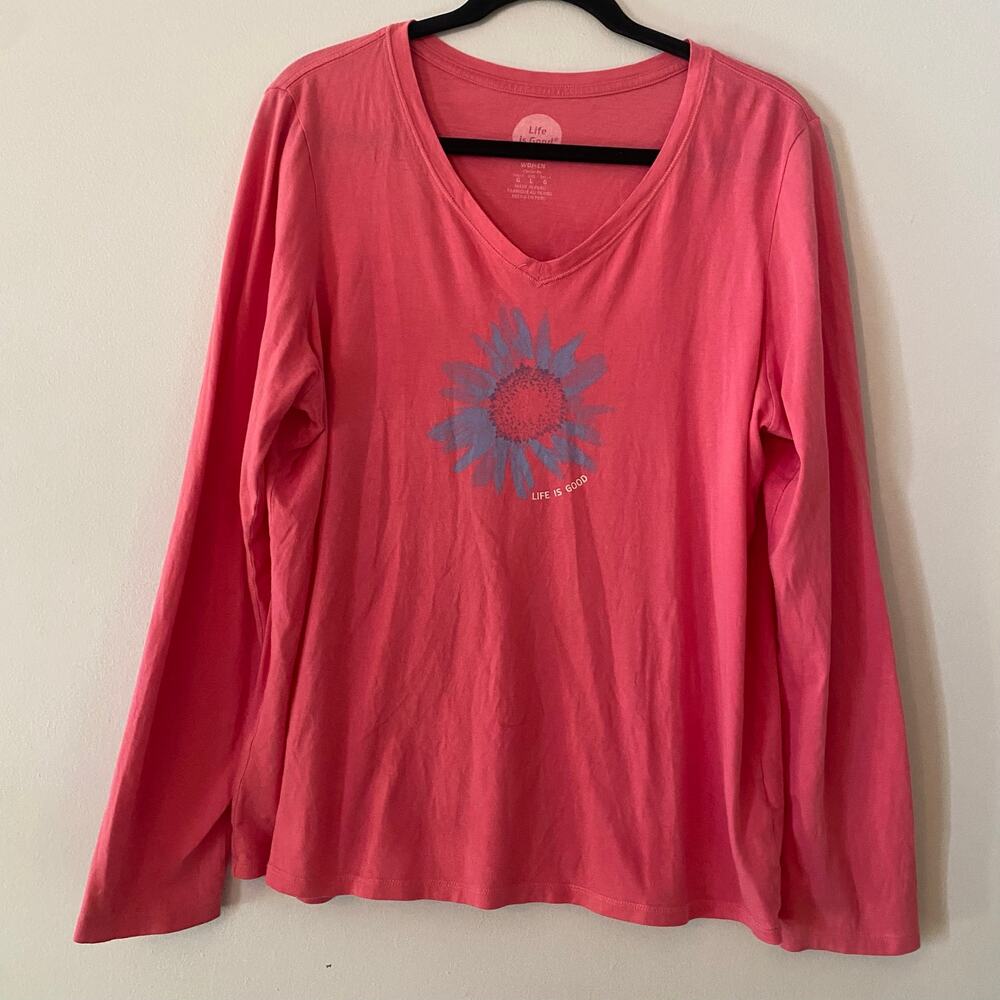 Life Is Good Pink V-neck Long Sleeve Classic Fit Tee Daisy Flower Women's Large